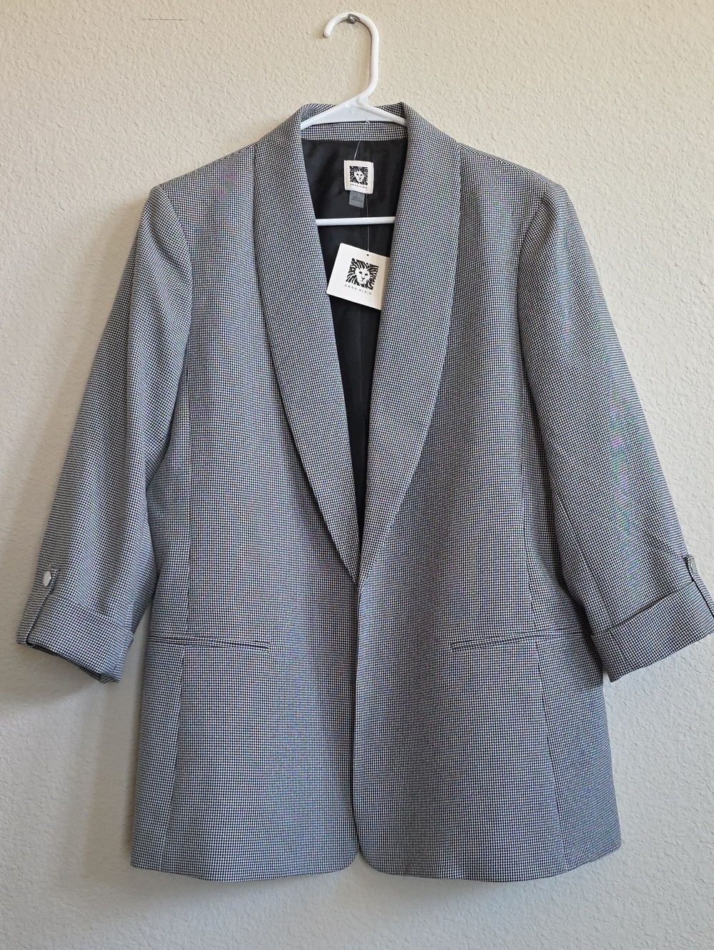 NWT Anne Klein Houndstooth Longline Open Front Shawl Collar Blazer Black White L